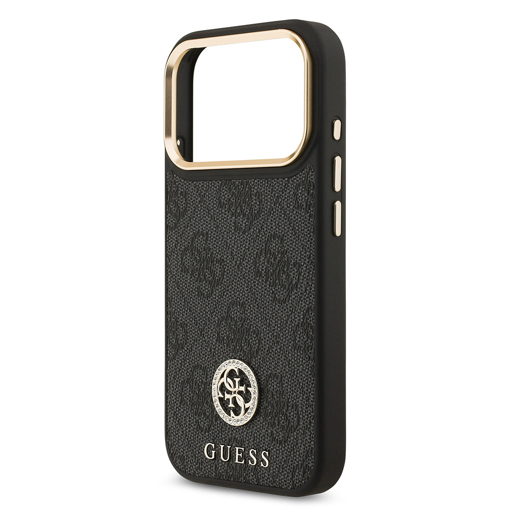 Apple iPhone 17 Pro Kılıf Guess M-safe Şarj Özellikli Gold Metal Kamera Çerçeveli Taşlı 4G Logolu Kapak Siyah
