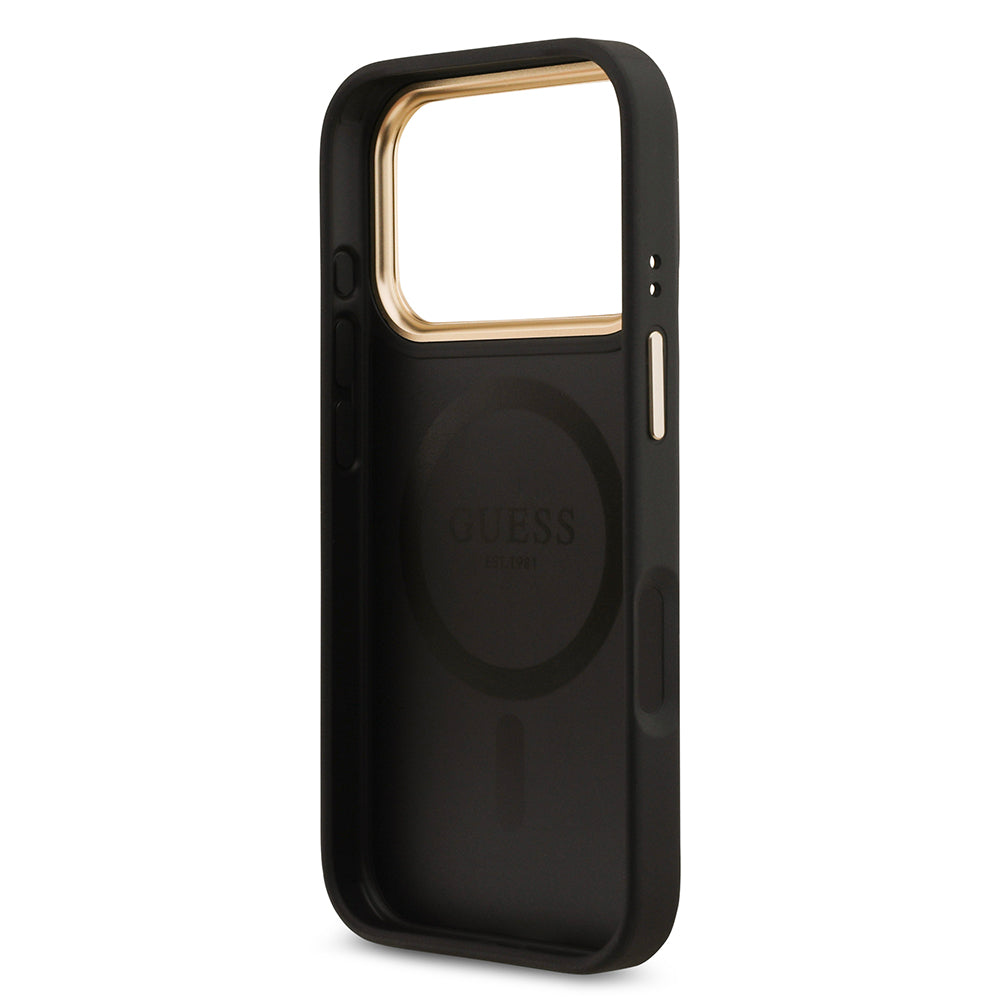 Apple iPhone 17 Pro Kılıf Guess M-safe Şarj Özellikli Gold Metal Kamera Çerçeveli Taşlı 4G Logolu Kapak Siyah
