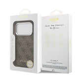 Apple iPhone 17 Pro Kılıf Guess M-safe Şarj Özellikli Gümüş Çerçeve ve Butonlu Klasik Yazı Logolu Kapak Kahverengi