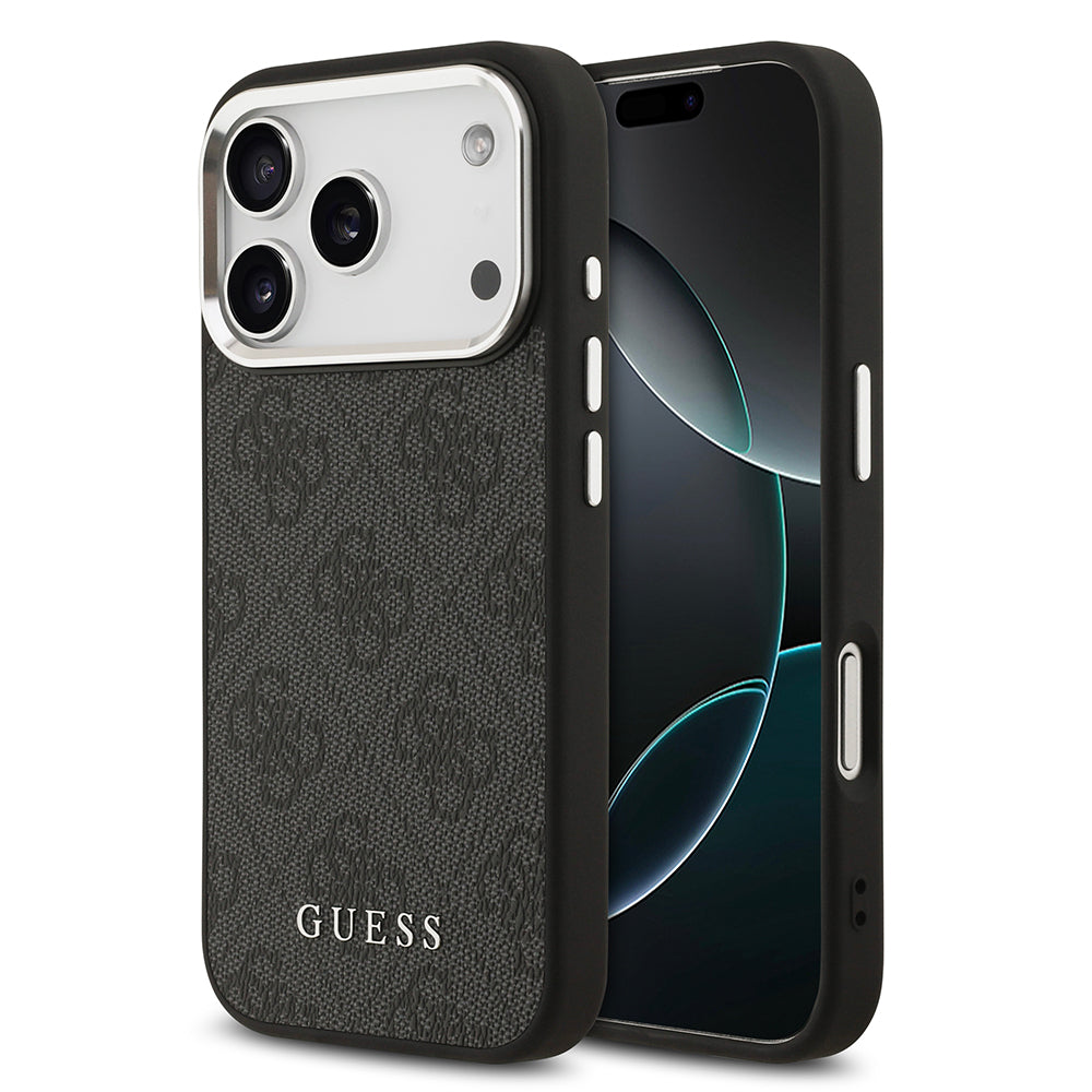 Apple iPhone 17 Pro Kılıf Guess M-safe Şarj Özellikli Gümüş Çerçeve ve Butonlu Klasik Yazı Logolu Kapak Siyah