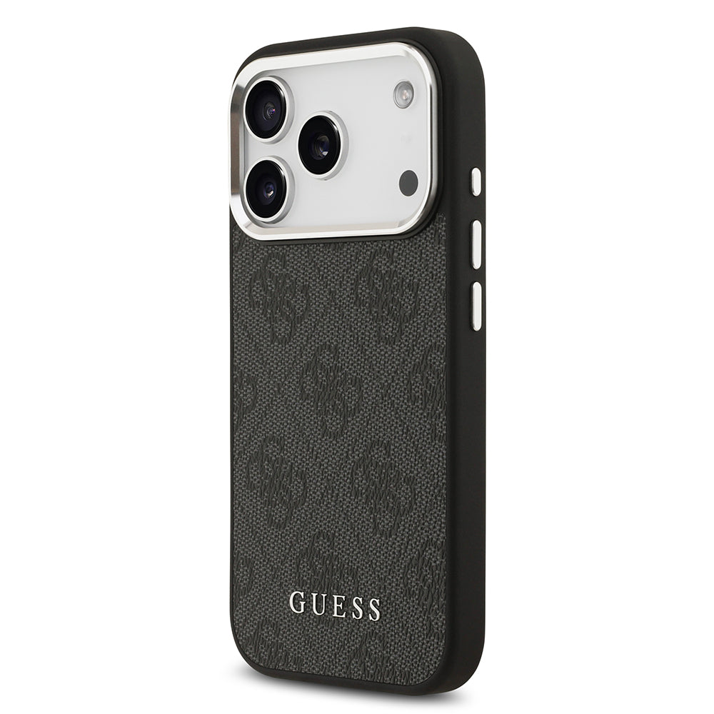 Apple iPhone 17 Pro Kılıf Guess M-safe Şarj Özellikli Gümüş Çerçeve ve Butonlu Klasik Yazı Logolu Kapak Siyah