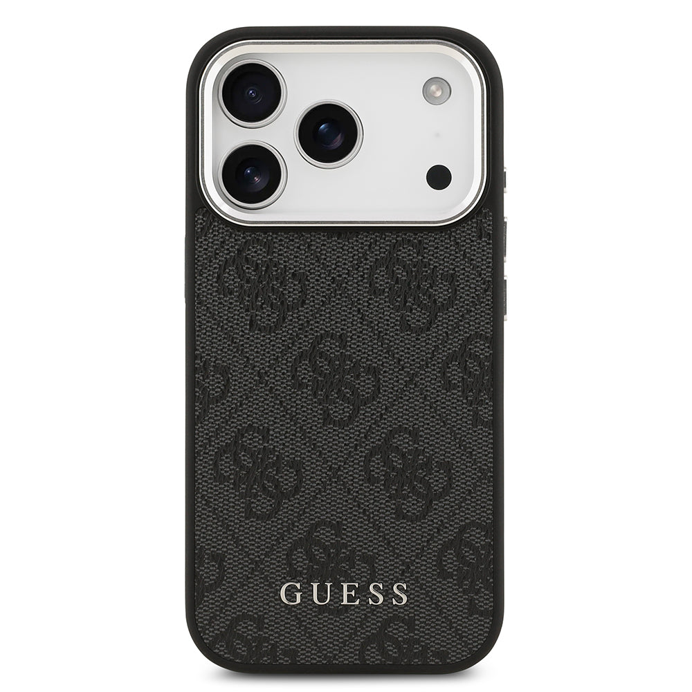 Apple iPhone 17 Pro Kılıf Guess M-safe Şarj Özellikli Gümüş Çerçeve ve Butonlu Klasik Yazı Logolu Kapak Siyah