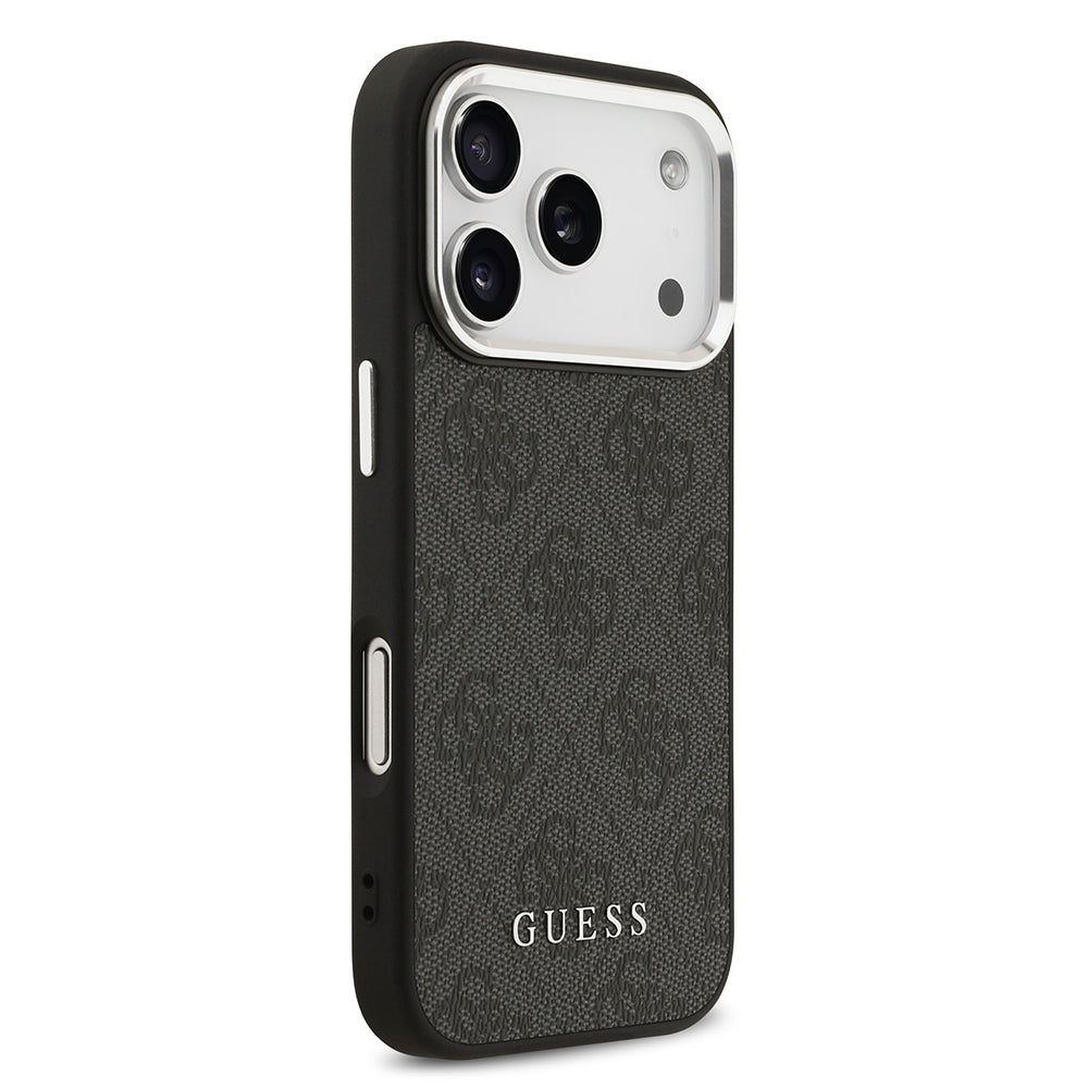 Apple iPhone 17 Pro Kılıf Guess M-safe Şarj Özellikli Gümüş Çerçeve ve Butonlu Klasik Yazı Logolu Kapak Siyah