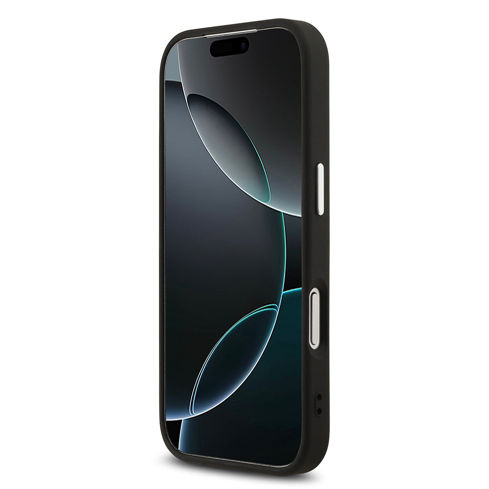 Apple iPhone 17 Pro Kılıf Guess M-safe Şarj Özellikli Gümüş Çerçeve ve Butonlu Klasik Yazı Logolu Kapak Siyah