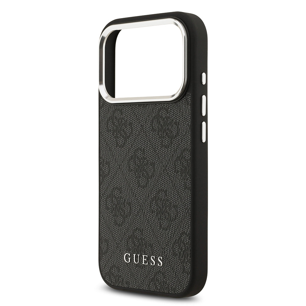 Apple iPhone 17 Pro Kılıf Guess M-safe Şarj Özellikli Gümüş Çerçeve ve Butonlu Klasik Yazı Logolu Kapak Siyah