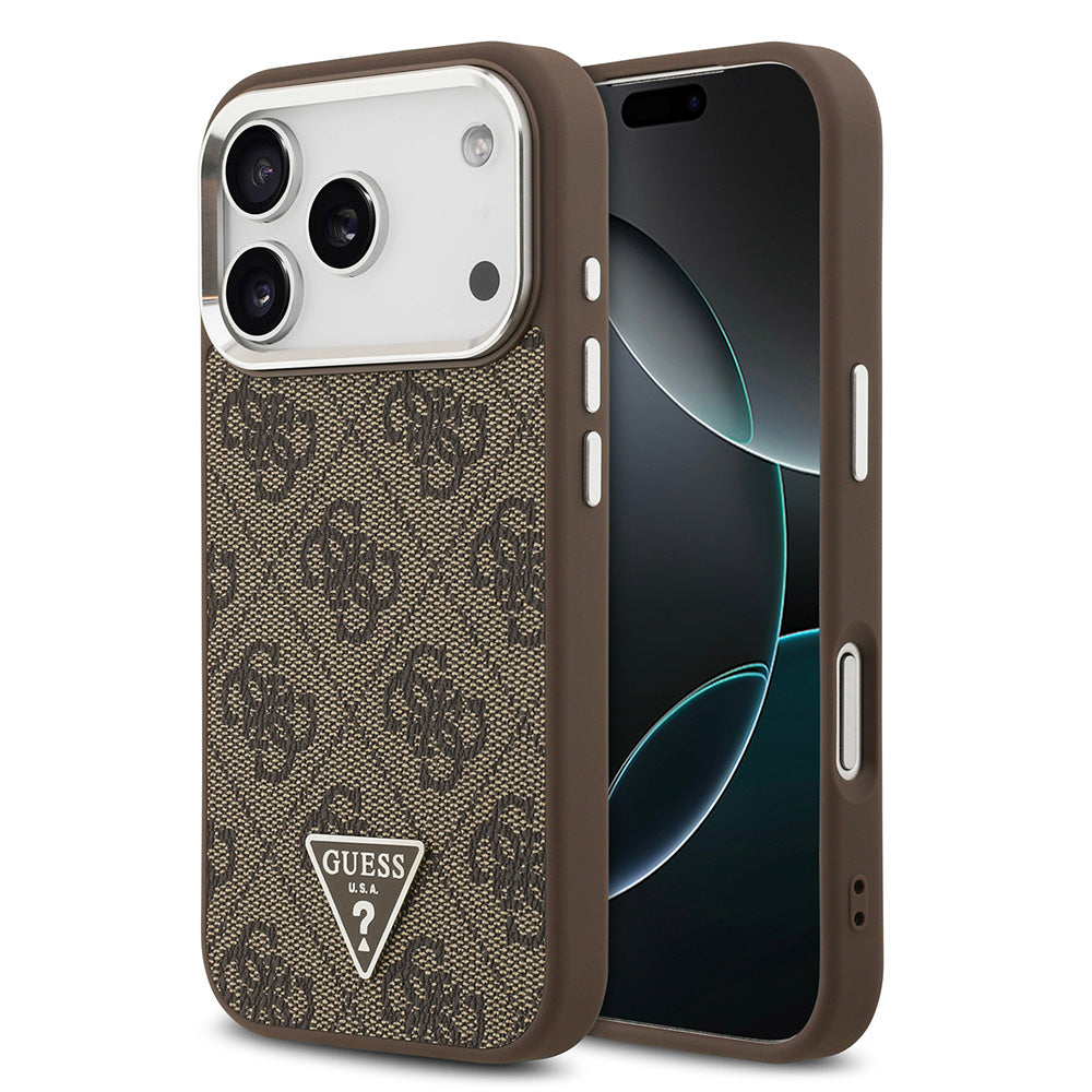 Apple iPhone 17 Pro Kılıf Guess M-safe Şarj Özellikli Gümüş Metal Çerçeveli Üçgen Logo 4G Desenli Kapak Kahverengi