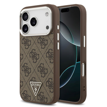 Apple iPhone 17 Pro Kılıf Guess M-safe Şarj Özellikli Gümüş Metal Çerçeveli Üçgen Logo 4G Desenli Kapak Kahverengi
