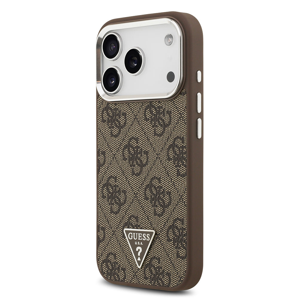 Apple iPhone 17 Pro Kılıf Guess M-safe Şarj Özellikli Gümüş Metal Çerçeveli Üçgen Logo 4G Desenli Kapak Kahverengi