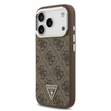 Apple iPhone 17 Pro Kılıf Guess M-safe Şarj Özellikli Gümüş Metal Çerçeveli Üçgen Logo 4G Desenli Kapak Kahverengi