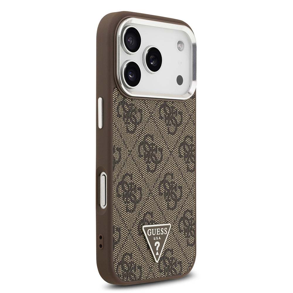 Apple iPhone 17 Pro Kılıf Guess M-safe Şarj Özellikli Gümüş Metal Çerçeveli Üçgen Logo 4G Desenli Kapak Kahverengi