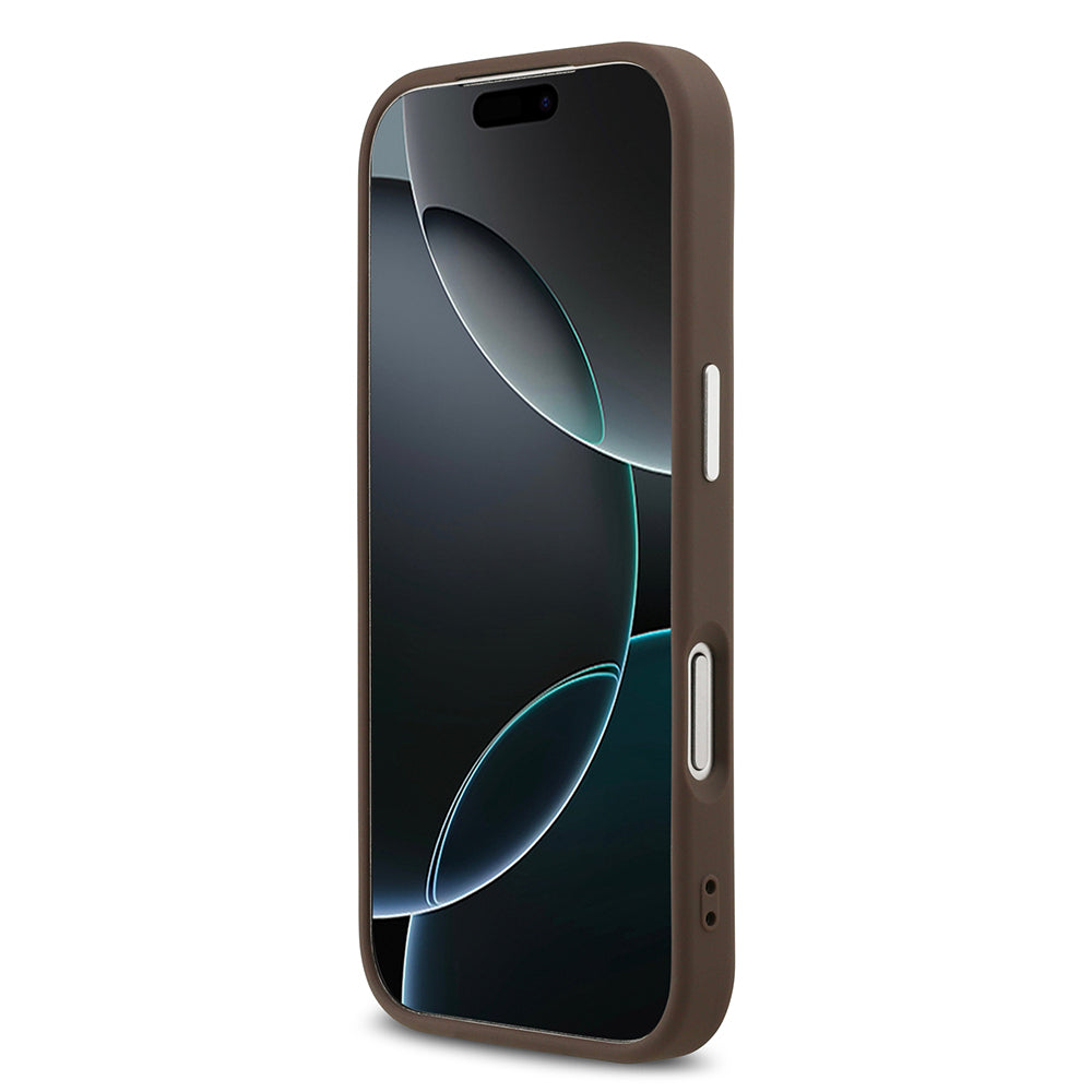 Apple iPhone 17 Pro Kılıf Guess M-safe Şarj Özellikli Gümüş Metal Çerçeveli Üçgen Logo 4G Desenli Kapak Kahverengi