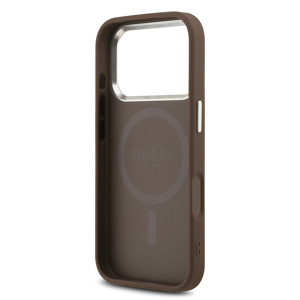 Apple iPhone 17 Pro Kılıf Guess M-safe Şarj Özellikli Gümüş Metal Çerçeveli Üçgen Logo 4G Desenli Kapak Kahverengi