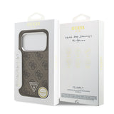 Apple iPhone 17 Pro Kılıf Guess M-safe Şarj Özellikli Gümüş Metal Çerçeveli Üçgen Logo 4G Desenli Kapak Kahverengi