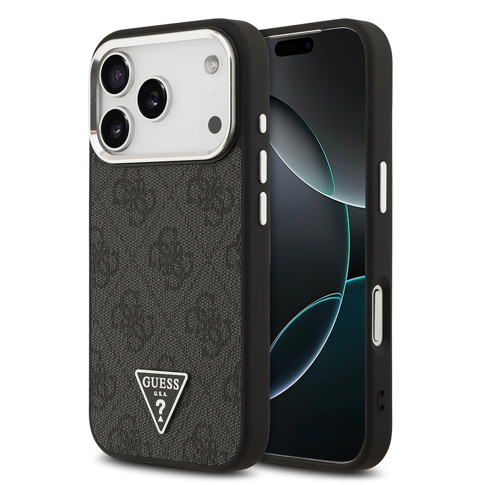 Apple iPhone 17 Pro Kılıf Guess M-safe Şarj Özellikli Gümüş Metal Çerçeveli Üçgen Logo 4G Desenli Kapak Siyah