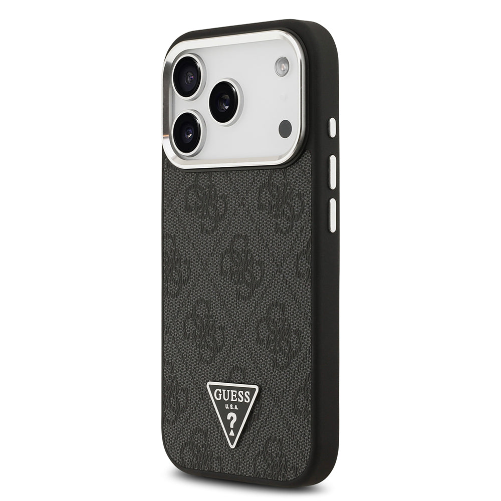 Apple iPhone 17 Pro Kılıf Guess M-safe Şarj Özellikli Gümüş Metal Çerçeveli Üçgen Logo 4G Desenli Kapak Siyah