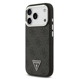 Apple iPhone 17 Pro Kılıf Guess M-safe Şarj Özellikli Gümüş Metal Çerçeveli Üçgen Logo 4G Desenli Kapak Siyah