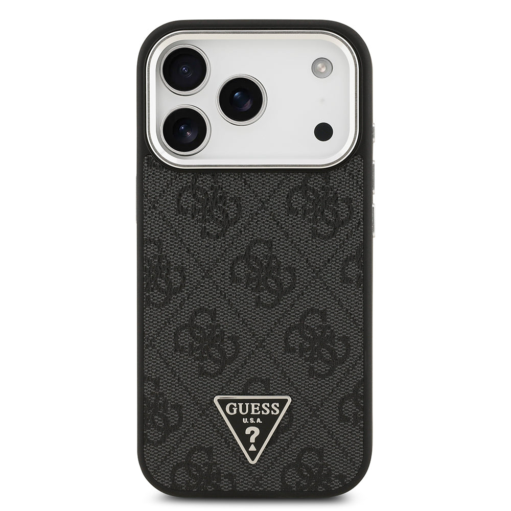 Apple iPhone 17 Pro Kılıf Guess M-safe Şarj Özellikli Gümüş Metal Çerçeveli Üçgen Logo 4G Desenli Kapak Siyah