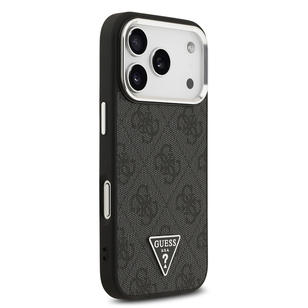 Apple iPhone 17 Pro Kılıf Guess M-safe Şarj Özellikli Gümüş Metal Çerçeveli Üçgen Logo 4G Desenli Kapak Siyah