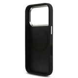 Apple iPhone 17 Pro Kılıf Guess M-safe Şarj Özellikli Gümüş Metal Çerçeveli Üçgen Logo 4G Desenli Kapak Siyah