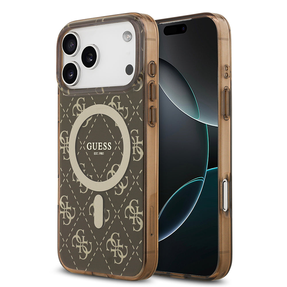 Apple iPhone 17 Pro Kılıf Guess M-safe Şarj Özellikli IML Baskılı Klasik Logolu 4G Desenli Kapak Kahverengi