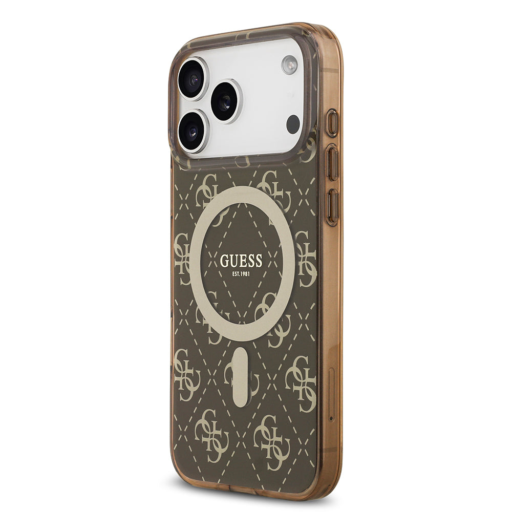 Apple iPhone 17 Pro Kılıf Guess M-safe Şarj Özellikli IML Baskılı Klasik Logolu 4G Desenli Kapak Kahverengi