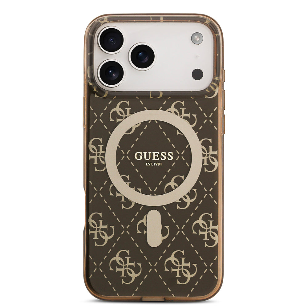 Apple iPhone 17 Pro Kılıf Guess M-safe Şarj Özellikli IML Baskılı Klasik Logolu 4G Desenli Kapak Kahverengi