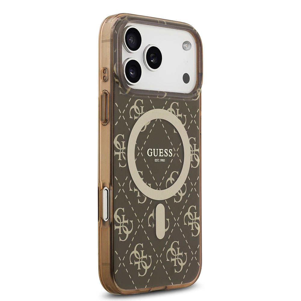 Apple iPhone 17 Pro Kılıf Guess M-safe Şarj Özellikli IML Baskılı Klasik Logolu 4G Desenli Kapak Kahverengi