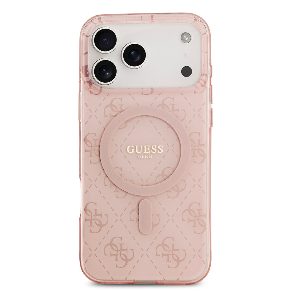 Apple iPhone 17 Pro Kılıf Guess M-safe Şarj Özellikli IML Baskılı Klasik Logolu 4G Desenli Kapak Pembe