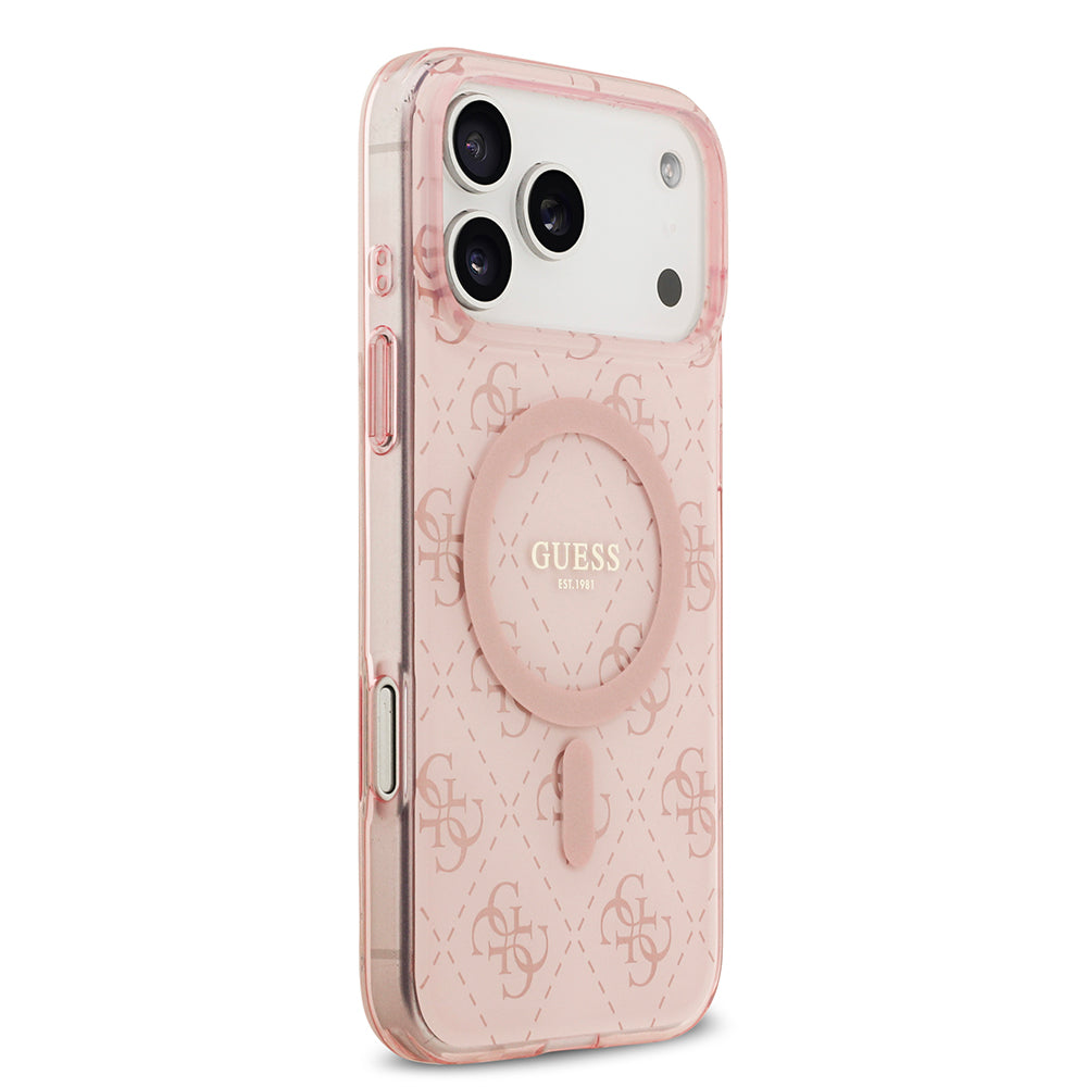 Apple iPhone 17 Pro Kılıf Guess M-safe Şarj Özellikli IML Baskılı Klasik Logolu 4G Desenli Kapak Pembe