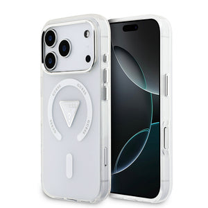 Apple iPhone 17 Pro Kılıf Guess M-safe Şarj Özellikli IML Baskılı Üçgen Logolu Metal Kamera Çerçeveli Transparan Kapak Şeffaf