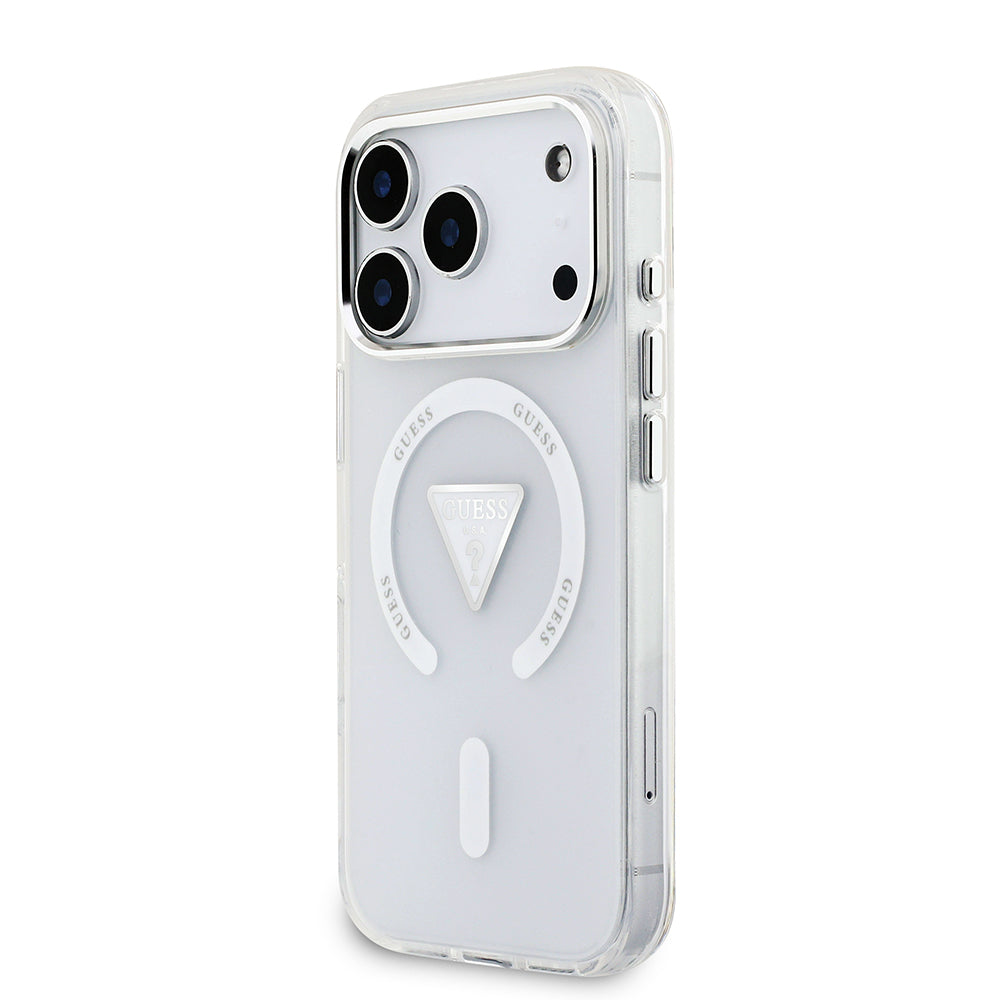Apple iPhone 17 Pro Kılıf Guess M-safe Şarj Özellikli IML Baskılı Üçgen Logolu Metal Kamera Çerçeveli Transparan Kapak Şeffaf