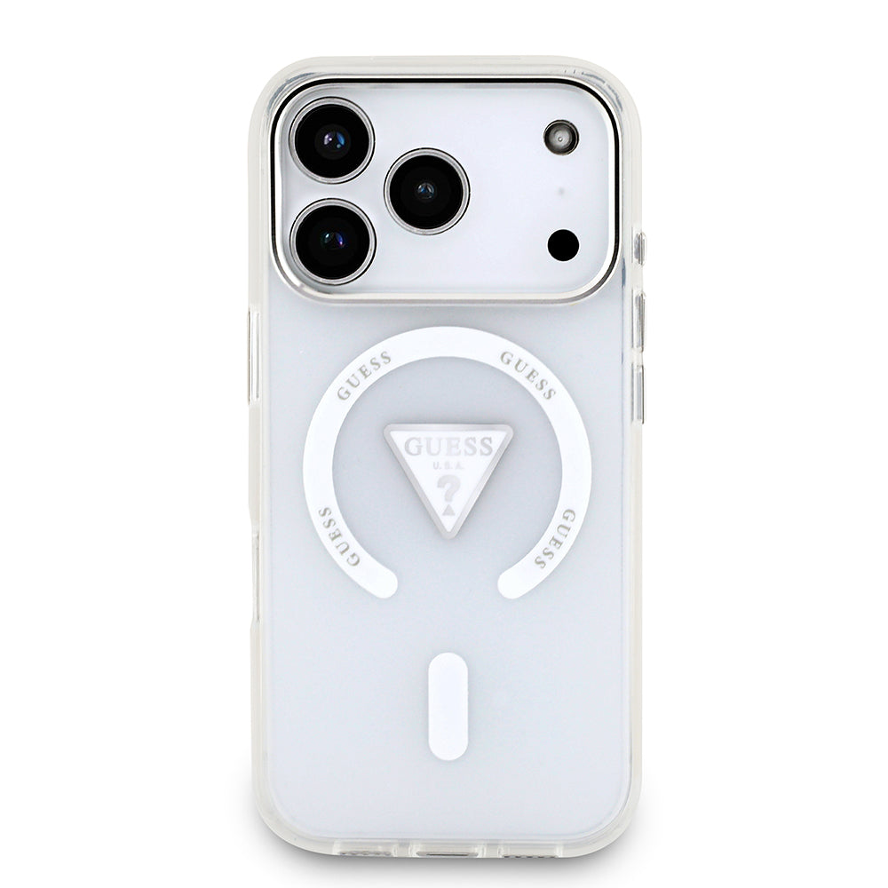 Apple iPhone 17 Pro Kılıf Guess M-safe Şarj Özellikli IML Baskılı Üçgen Logolu Metal Kamera Çerçeveli Transparan Kapak Şeffaf