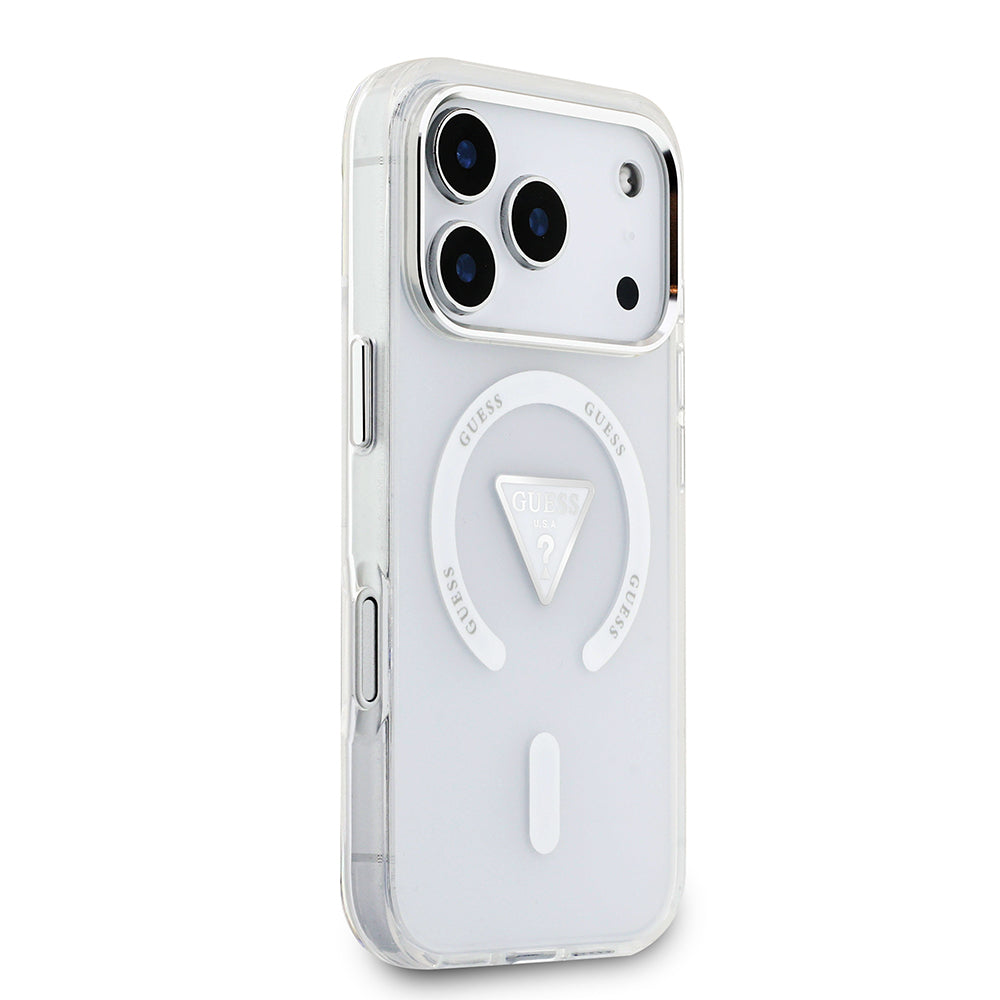 Apple iPhone 17 Pro Kılıf Guess M-safe Şarj Özellikli IML Baskılı Üçgen Logolu Metal Kamera Çerçeveli Transparan Kapak Şeffaf