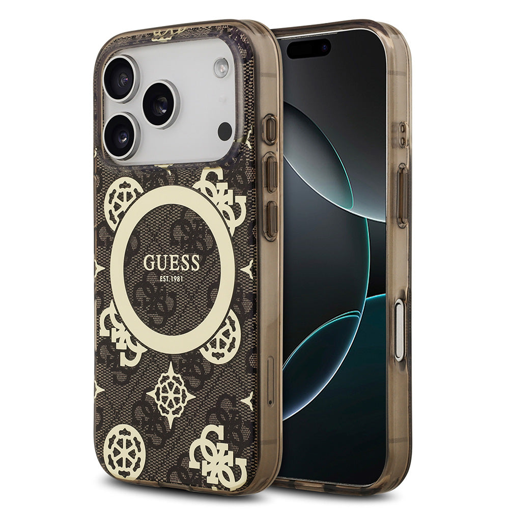 Apple iPhone 17 Pro Kılıf Guess M-safe Şarj Özellikli IML Peony ve 4G Desenli Klasik Logolu Kapak Kahverengi