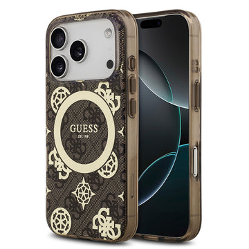 Apple iPhone 17 Pro Kılıf Guess M-safe Şarj Özellikli IML Peony ve 4G Desenli Klasik Logolu Kapak Kahverengi