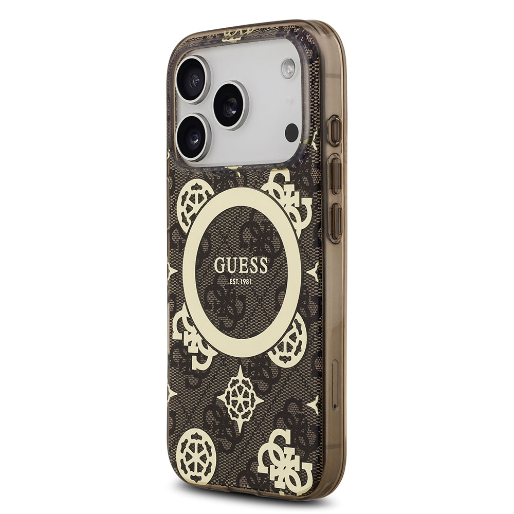 Apple iPhone 17 Pro Kılıf Guess M-safe Şarj Özellikli IML Peony ve 4G Desenli Klasik Logolu Kapak Kahverengi