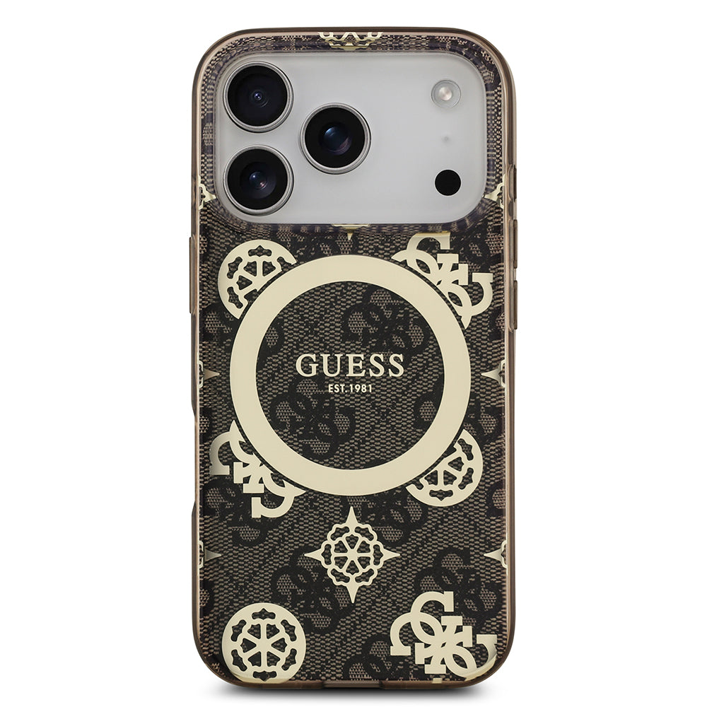Apple iPhone 17 Pro Kılıf Guess M-safe Şarj Özellikli IML Peony ve 4G Desenli Klasik Logolu Kapak Kahverengi