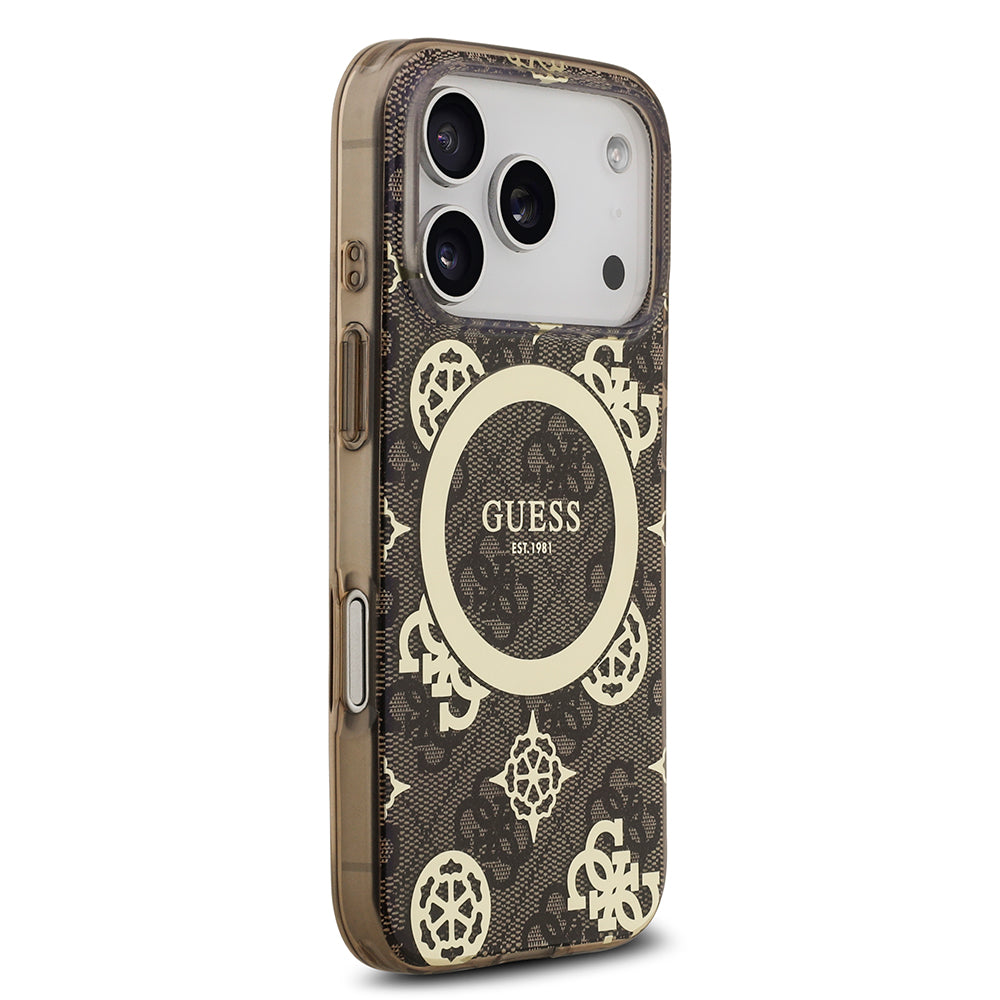 Apple iPhone 17 Pro Kılıf Guess M-safe Şarj Özellikli IML Peony ve 4G Desenli Klasik Logolu Kapak Kahverengi