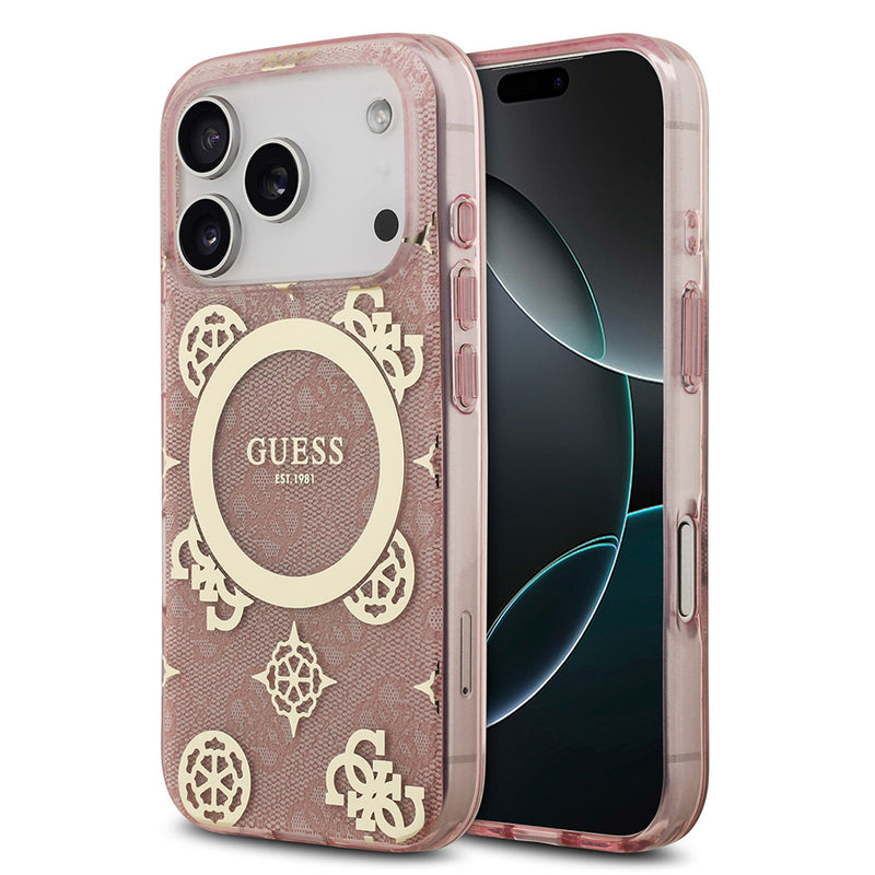 Apple iPhone 17 Pro Kılıf Guess M-safe Şarj Özellikli IML Peony ve 4G Desenli Klasik Logolu Kapak Pembe