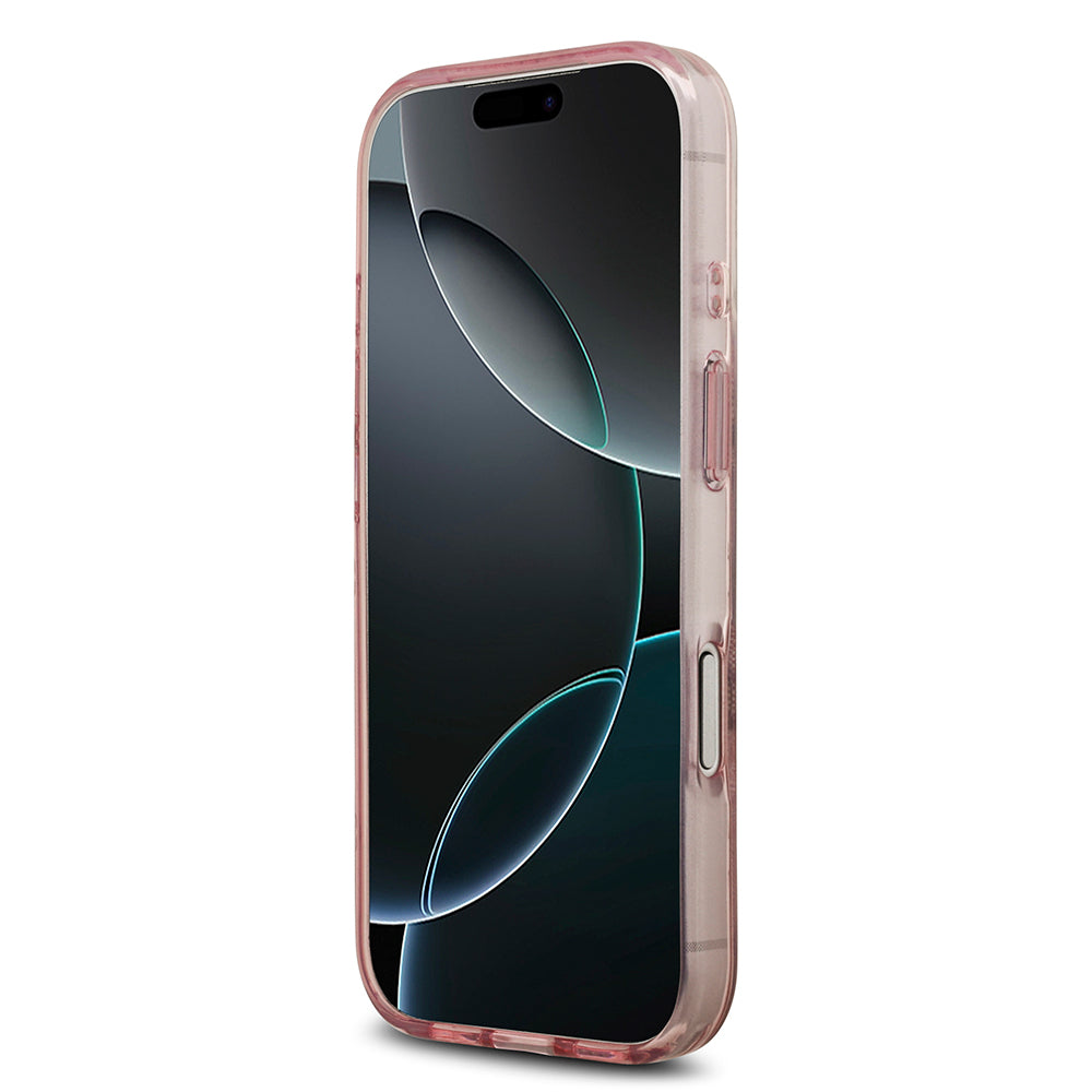 Apple iPhone 17 Pro Kılıf Guess M-safe Şarj Özellikli IML Peony ve 4G Desenli Klasik Logolu Kapak Pembe