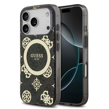Apple iPhone 17 Pro Kılıf Guess M-safe Şarj Özellikli IML Peony ve 4G Desenli Klasik Logolu Kapak Siyah