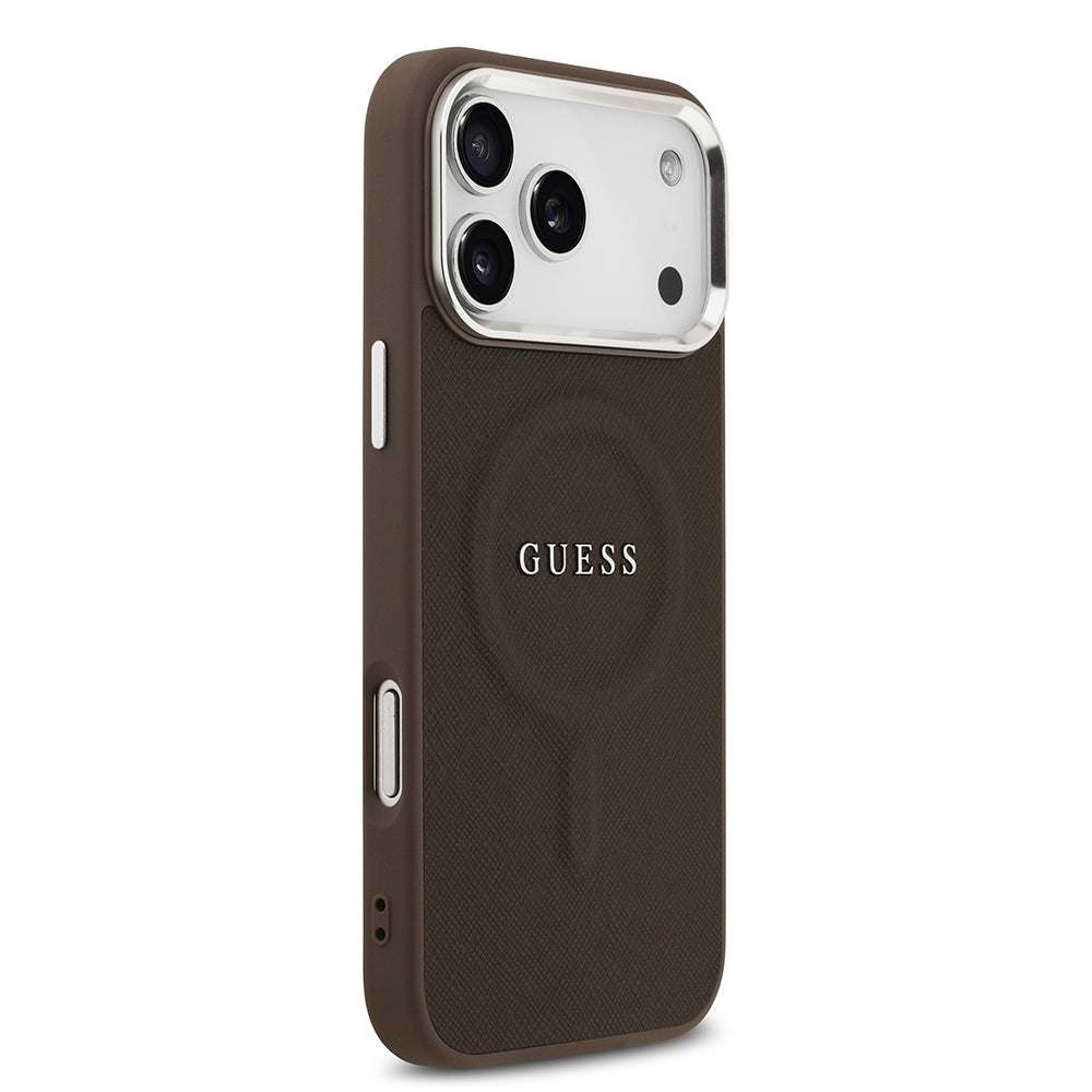 Apple iPhone 17 Pro Kılıf Guess M-safe Şarj Özellikli Klasik Yazı Logolu PU Deri Kapak Kahverengi