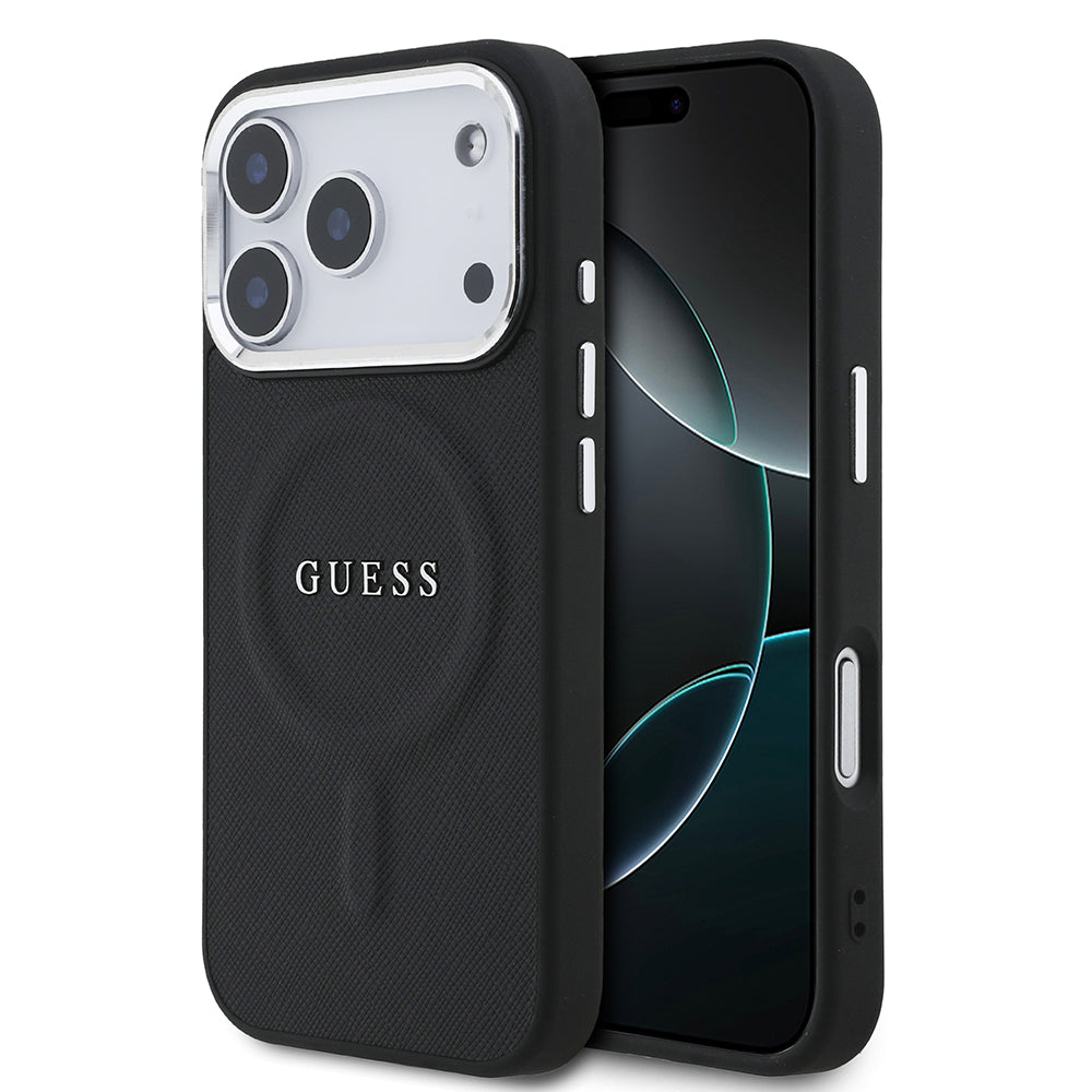 Apple iPhone 17 Pro Kılıf Guess M-safe Şarj Özellikli Klasik Yazı Logolu PU Deri Kapak Siyah
