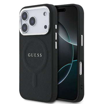 Apple iPhone 17 Pro Kılıf Guess M-safe Şarj Özellikli Klasik Yazı Logolu PU Deri Kapak Siyah