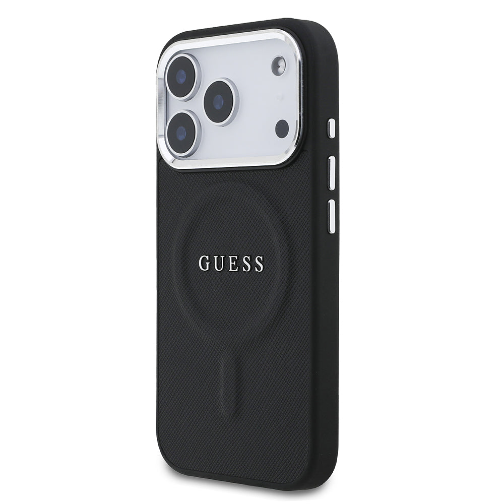 Apple iPhone 17 Pro Kılıf Guess M-safe Şarj Özellikli Klasik Yazı Logolu PU Deri Kapak Siyah