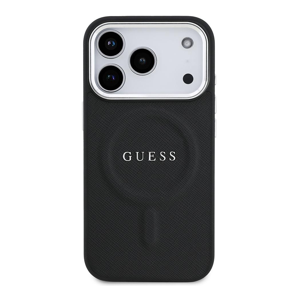 Apple iPhone 17 Pro Kılıf Guess M-safe Şarj Özellikli Klasik Yazı Logolu PU Deri Kapak Siyah
