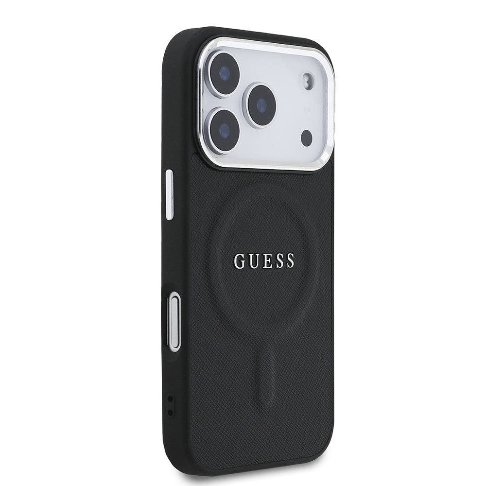 Apple iPhone 17 Pro Kılıf Guess M-safe Şarj Özellikli Klasik Yazı Logolu PU Deri Kapak Siyah