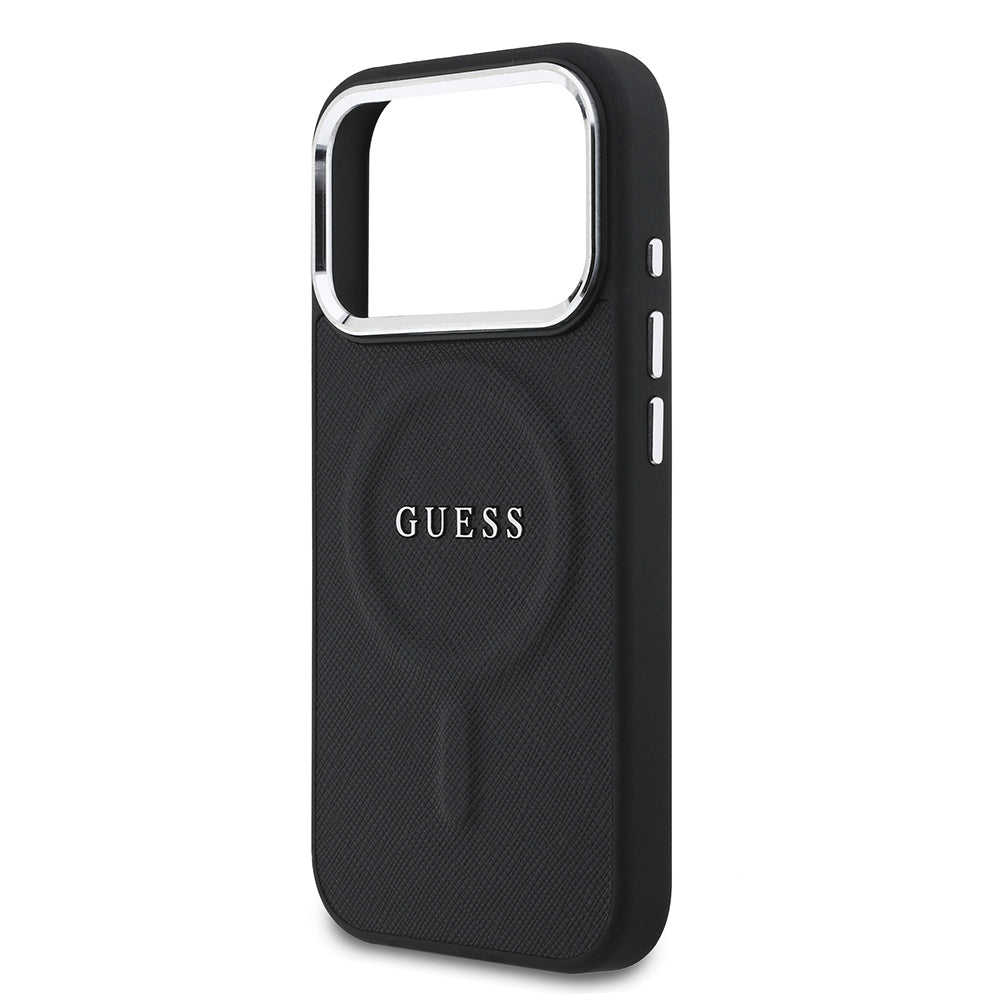 Apple iPhone 17 Pro Kılıf Guess M-safe Şarj Özellikli Klasik Yazı Logolu PU Deri Kapak Siyah