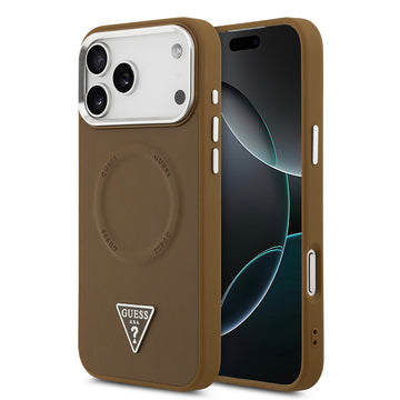 Apple iPhone 17 Pro Kılıf Guess M-safe Şarj Özellikli PU Deri Metal Kamera Çerçeveli Üçgen Logolu Kapak Kahverengi