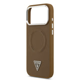 Apple iPhone 17 Pro Kılıf Guess M-safe Şarj Özellikli PU Deri Metal Kamera Çerçeveli Üçgen Logolu Kapak Kahverengi